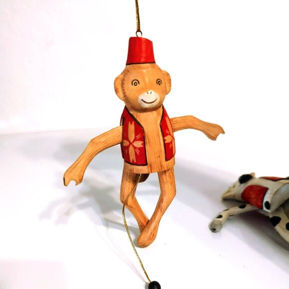 Vintage Wooden Pull String Monkey and Cow Ornaments 5.5-Inches Tall - Picture 2 of 5